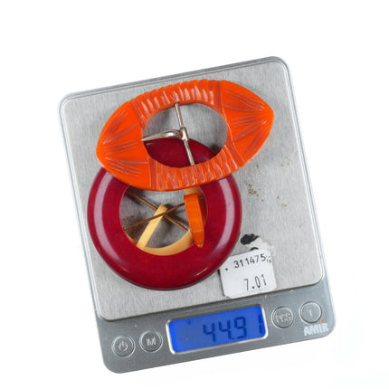 3 c1940's Bakelite Belt buckle sets circular Red, Butterscotch