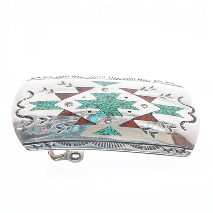 Vintage Navajo sterling silver turquoise chip inlay rug pattern belt buckle