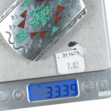 Vintage Navajo sterling silver turquoise chip inlay rug pattern belt buckle
