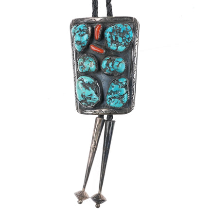 c1970 Large RS Sterling silver turquoise nugget cluster coral bolo tie - Estate Fresh Austin
