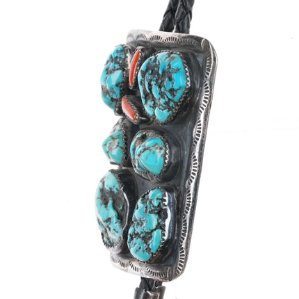 c1970 Large RS Sterling silver turquoise nugget cluster coral bolo tie - Estate Fresh Austin