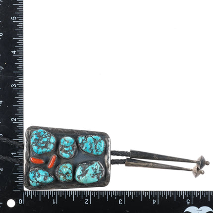 c1970 Large RS Sterling silver turquoise nugget cluster coral bolo tie - Estate Fresh Austin