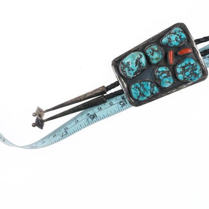 c1970 Large RS Sterling silver turquoise nugget cluster coral bolo tie - Estate Fresh Austin