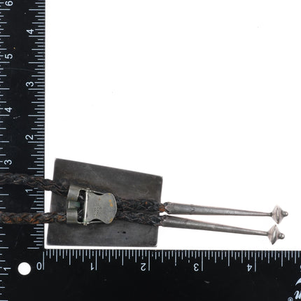 c1960 c-31 Navajo sterling silver waterweb turquoise overlay bolo tie geometric - Estate Fresh Austin