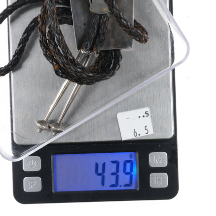 c1960 c-31 Navajo sterling silver waterweb turquoise overlay bolo tie geometric - Estate Fresh Austin