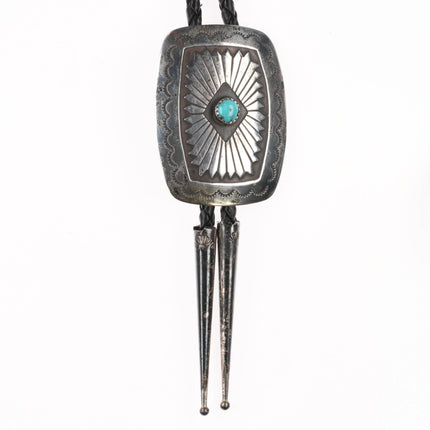c1980 Navajo sterling silver concho style bolo tie with small turquoise stone - Estate Fresh Austin