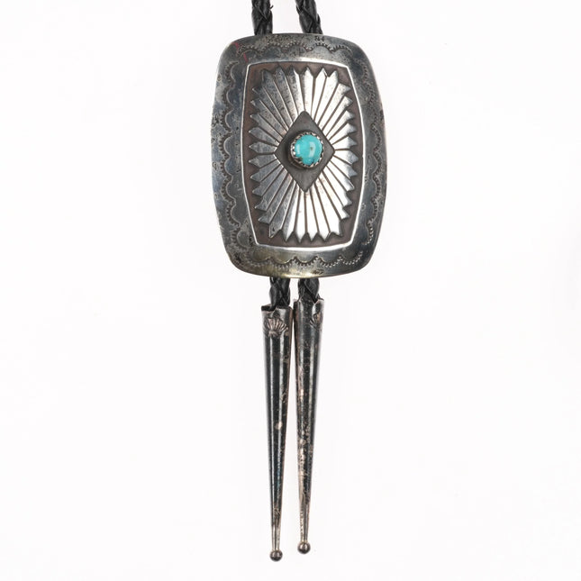 c1980 Navajo sterling silver concho style bolo tie with small turquoise stone - Estate Fresh Austin