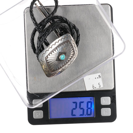 c1980 Navajo sterling silver concho style bolo tie with small turquoise stone - Estate Fresh Austin