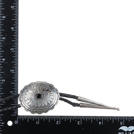 c1980's RB Navajo sterling silver concho bolo tie with onyx - Estate Fresh Austin