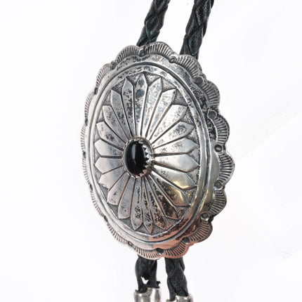 c1980's RB Navajo sterling silver concho bolo tie with onyx - Estate Fresh Austin