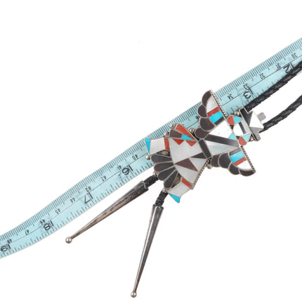 Anna Tekala Zuni sterling silver inlaid knifewing bolo tie turquoise/coral/shell - Estate Fresh Austin