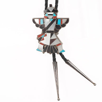 Anna Tekala Zuni sterling silver inlaid knifewing bolo tie turquoise/coral/shell - Estate Fresh Austin
