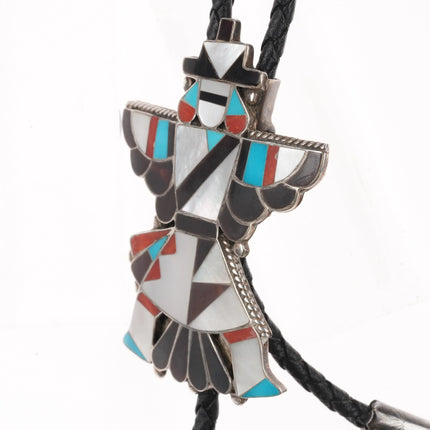Anna Tekala Zuni sterling silver inlaid knifewing bolo tie turquoise/coral/shell - Estate Fresh Austin