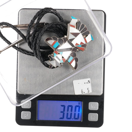 Anna Tekala Zuni sterling silver inlaid knifewing bolo tie turquoise/coral/shell - Estate Fresh Austin