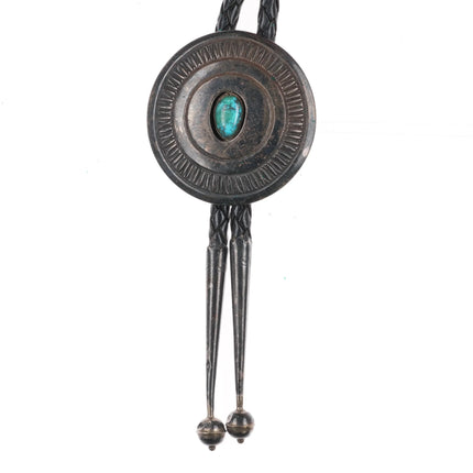 1970's Edison Cummings Navajo sterling silver shadowbox bolo tie with turquoise - Estate Fresh Austin