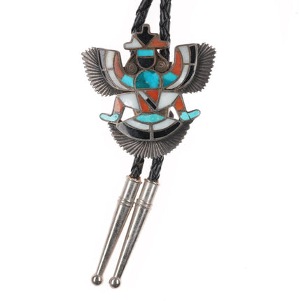 c1960-c-31 Zuni Knifewing bolo tie sterling silver turquoise/coral/shell inlay - Estate Fresh Austin