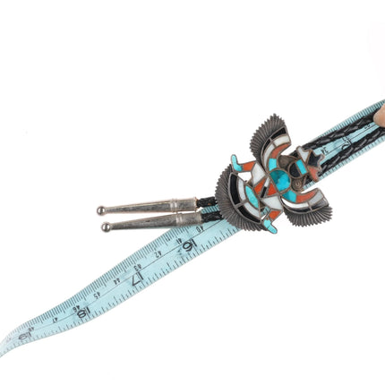 c1960-c-31 Zuni Knifewing bolo tie sterling silver turquoise/coral/shell inlay - Estate Fresh Austin