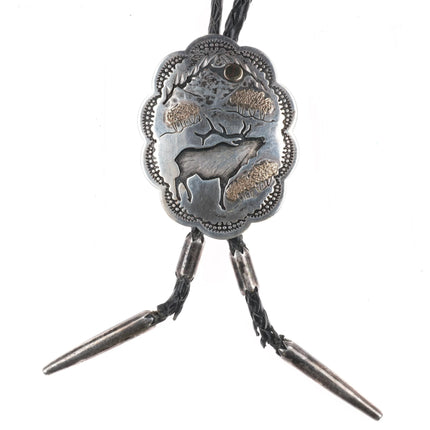 Phil Pvo Kiowa 14k gold/sterling silver bolo tie with elk - Estate Fresh Austin
