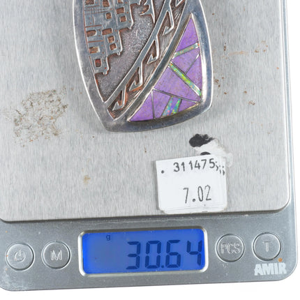 Vintage Navajo sterling silver cave dwellers multi-stone inlay belt buckle