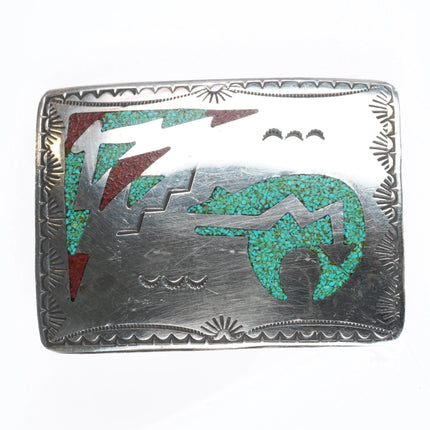 small Vintage Navajo turquoise chip inlay sterling silver bear belt buckle