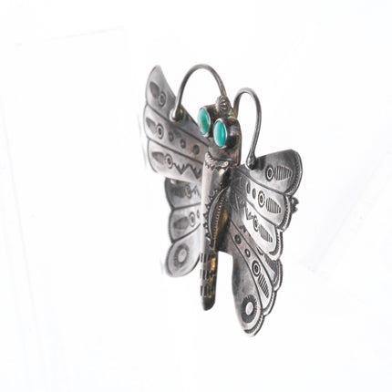 1940's Navajo hand stamped sterling silver butterfly pin turquoise eyes brooch