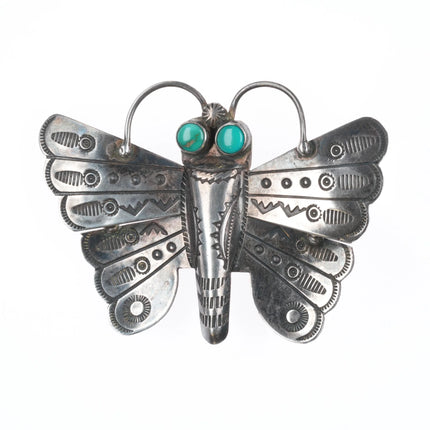 1940's Navajo hand stamped sterling silver butterfly pin turquoise eyes brooch
