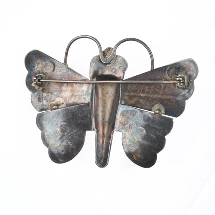 1940's Navajo hand stamped sterling silver butterfly pin turquoise eyes brooch