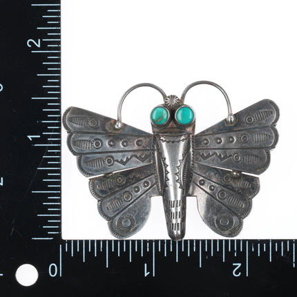 1940's Navajo hand stamped sterling silver butterfly pin turquoise eyes brooch