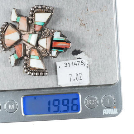 c1940's Zuni Multi-stone inlay sterling silver knifewing pin/brooch spiny oyster