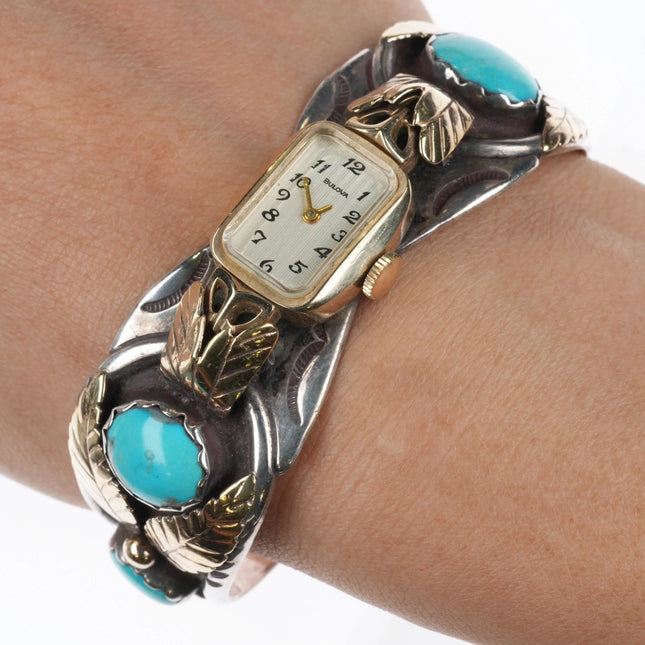 6.75" Juan Pedro Garcia Kewa sterling silver/gold turquoise watch cuff bracelet