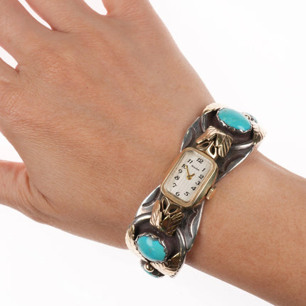 6.75" Juan Pedro Garcia Kewa sterling silver/gold turquoise watch cuff bracelet