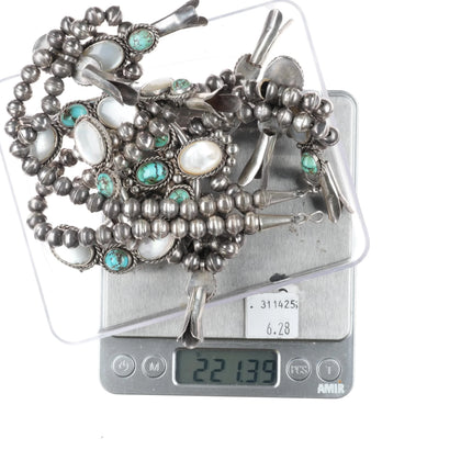 30" Vintage Navajo turquoise/shell MOP sterling silver squash blossom necklace