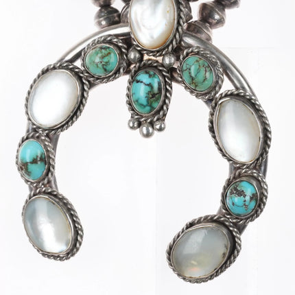 30" Vintage Navajo turquoise/shell MOP sterling silver squash blossom necklace