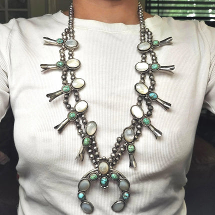 30" Vintage Navajo turquoise/shell MOP sterling silver squash blossom necklace