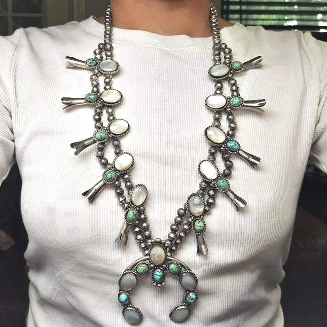 30" Vintage Navajo turquoise/shell MOP sterling silver squash blossom necklace