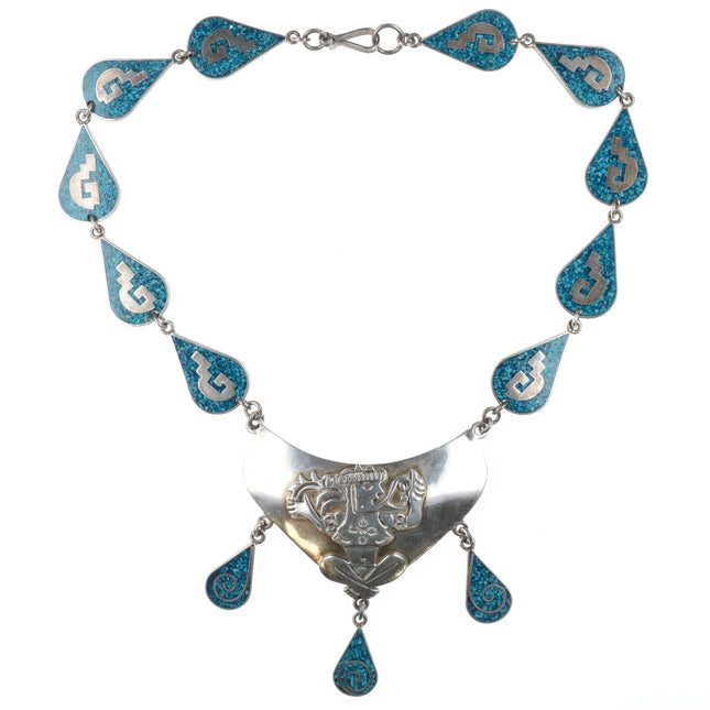 21" Retro Mexican Aztec style sterling silver turquoise chip inlay link necklace