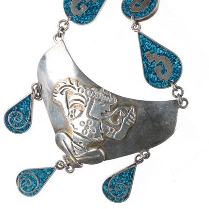 21" Retro Mexican Aztec style sterling silver turquoise chip inlay link necklace