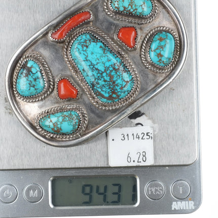 Big Navajo sterling silver, spiderweb turquoise, red coral belt buckle