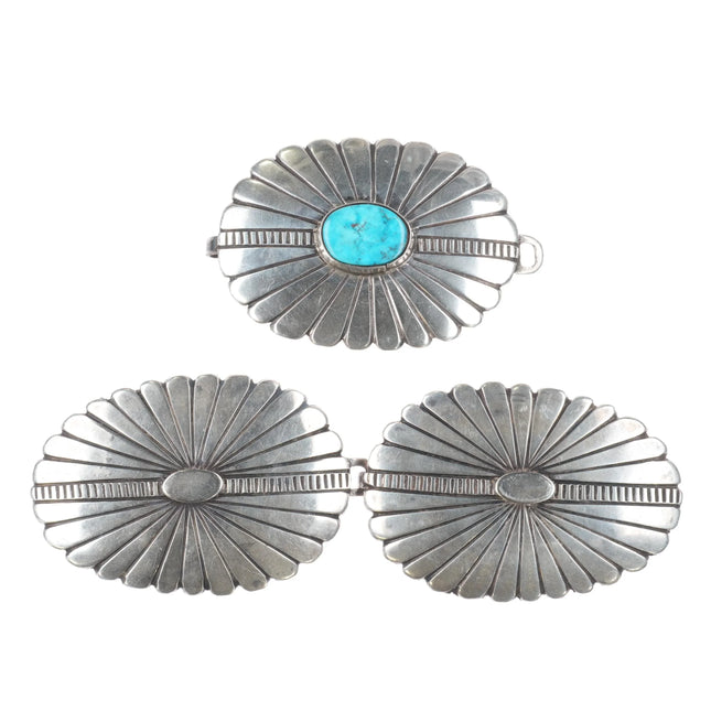 Navajo Sterling Silver Vintage 3pc belt buckle set with turquoise  2 piece