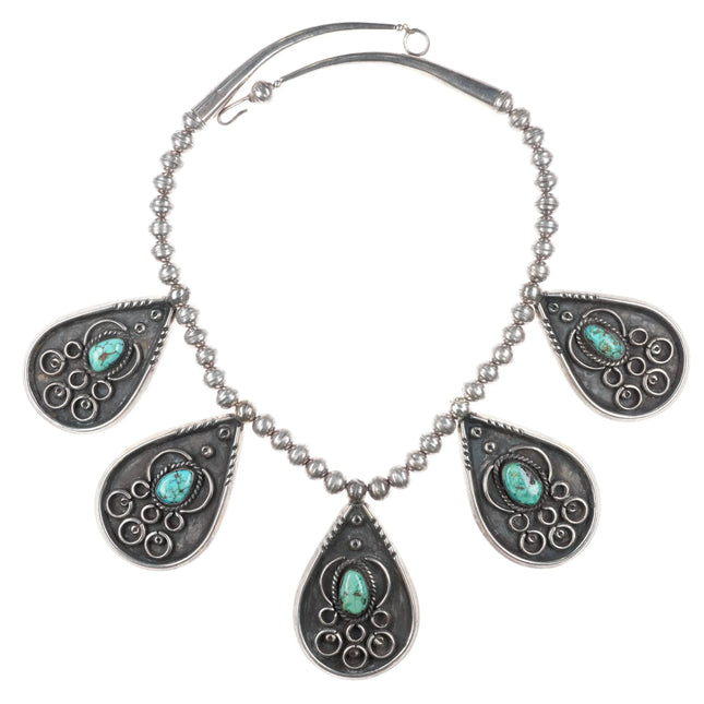 18" Vintage Navajo sterling silver beaded turquoise pendant necklace 5 drop - Estate Fresh Austin