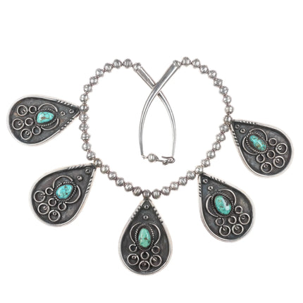 18" Vintage Navajo sterling silver beaded turquoise pendant necklace 5 drop - Estate Fresh Austin