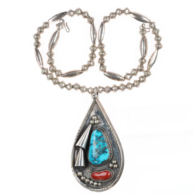 20" 1970s Vintage Navajo sterling silver turquoise coral beaded pendant necklace - Estate Fresh Austin