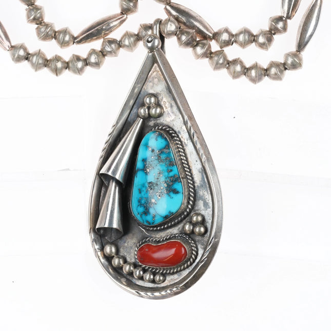 20" 1970s Vintage Navajo sterling silver turquoise coral beaded pendant necklace - Estate Fresh Austin