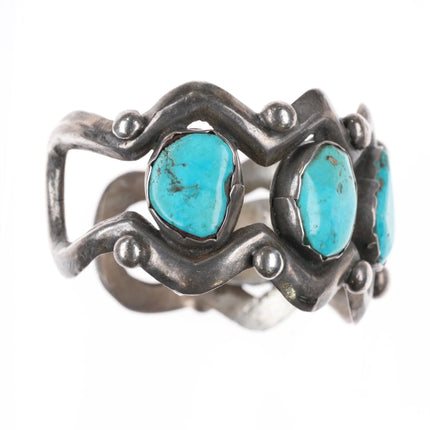 6.1" 40's-50's Vintage Zuni cast sterling silver turquoise row cuff bracelet - Estate Fresh Austin