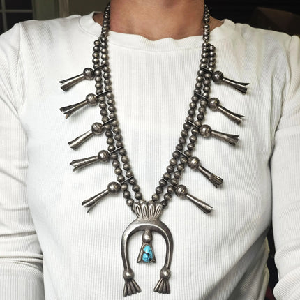 27" c1950's Vintage Navajo sterling silver squash blossom necklace w/turquoise