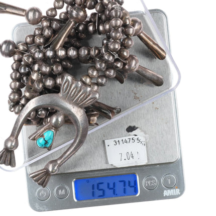 27" c1950's Vintage Navajo sterling silver squash blossom necklace w/turquoise