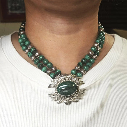 16.5" Retro Carol Felley Sterling silver malachite beaded pendant necklace