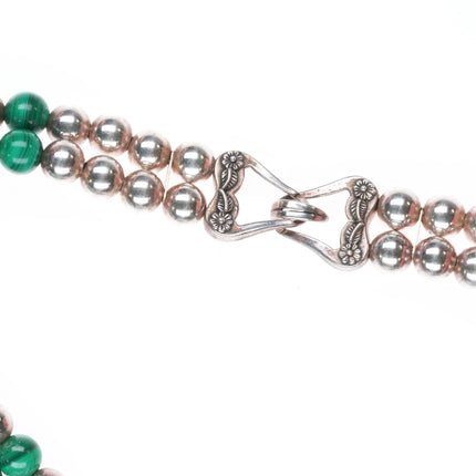 16.5" Retro Carol Felley Sterling silver malachite beaded pendant necklace