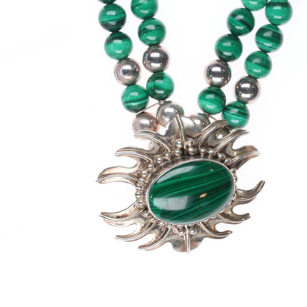 16.5" Retro Carol Felley Sterling silver malachite beaded pendant necklace
