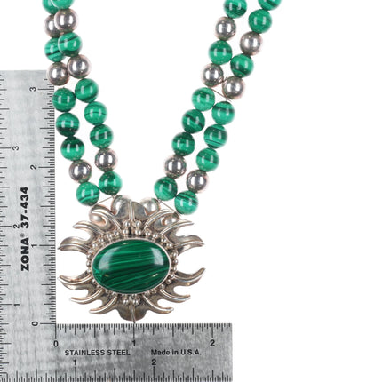 16.5" Retro Carol Felley Sterling silver malachite beaded pendant necklace